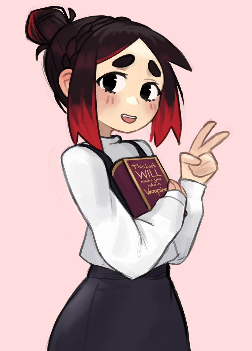 1girl, absurdres, black_eyes, black_hair, black_skirt, blush, book, braid