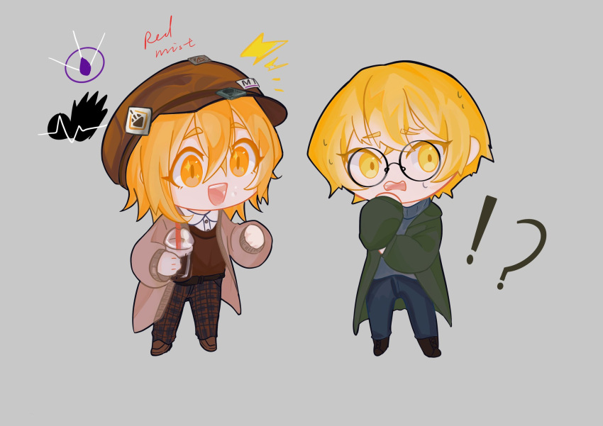 1boy, 1girl, blonde_hair, blue_pants, blue_sweater, brown_coat, brown_footwear, brown_sweater_vest