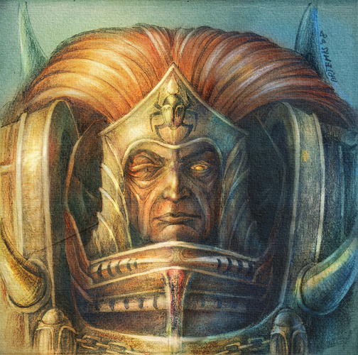 1boy, ancient_egyptian_hat, armor, artist_name, breastplate, closed_mouth, colored_skin, commentary