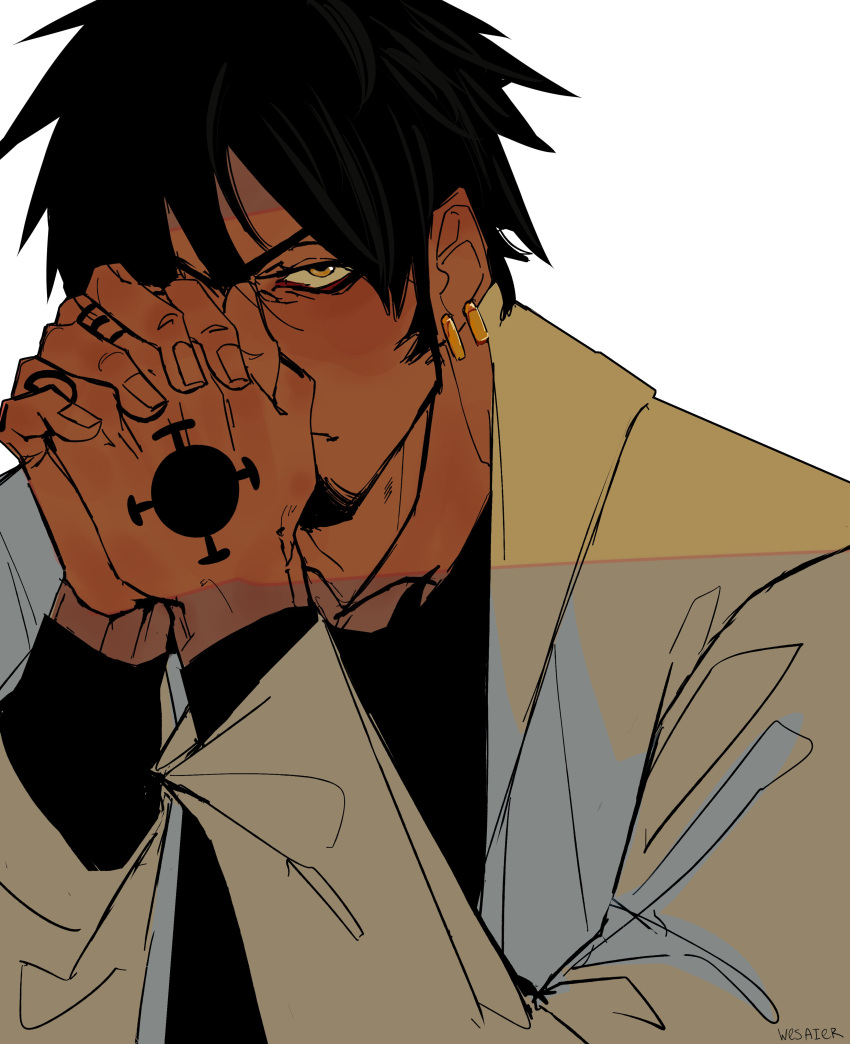 1boy, absurdres, artist_name, black_hair, black_shirt, earrings, english_commentary, facial_hair, goatee, hand_tattoo, highres, jewelry, looking_at_viewer, male_focus, one_piece, palms_together, shirt, short_hair, sideburns, simple_background, solo, tattoo, trafalgar_law, upper_body, wesaier, white_background, yellow_eyes