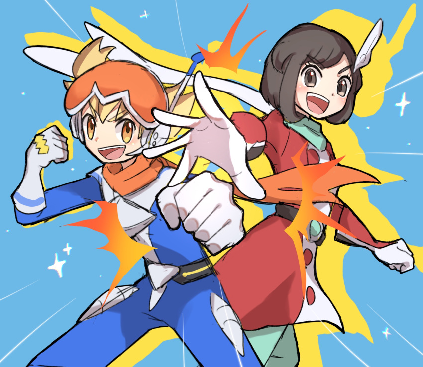 1boy, 1girl, barry_(pokemon), barry_(special_costume)_(pokemon), belt, black_hair, blonde_hair, blue_background