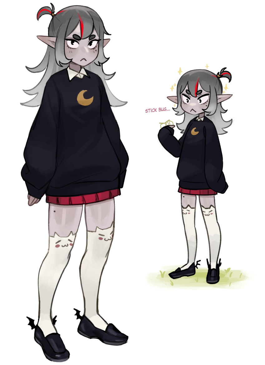 1girl, :<, absurdres, black_eyes, black_footwear, crescent, frown, grass