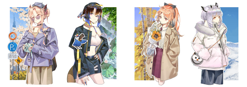 4girls, absurdres, arknights, arm_at_side, awakeningdog, bag, beret, birch_tree