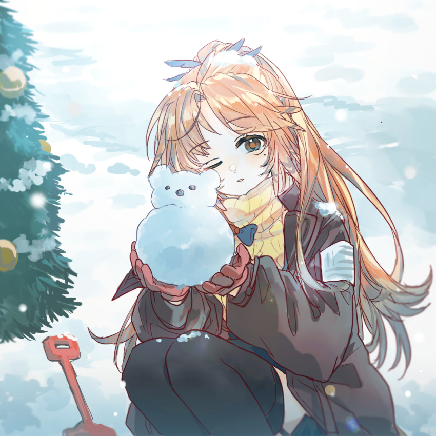 1girl, arknights, black_thighhighs, brown_jacket, christmas_tree, day, feather_hair, feet_out_of_frame