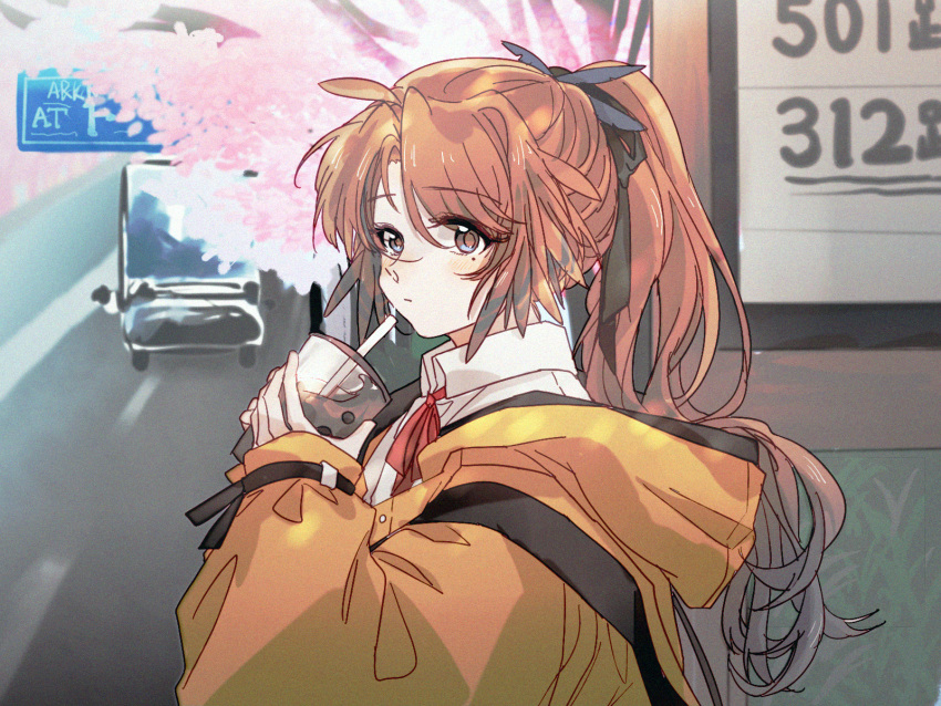 1girl, :|, arknights, backpack, bag, black_eyes, black_ribbon, blurry, blush, brown_hair, bubble_tea, cherry_blossoms, closed_mouth, collared_shirt, day, drink, drinking_straw, expressionless, from_side, hair_ribbon, hansuitianer, highres, holding, holding_drink, hood, hood_down, hooded_jacket, jacket, long_hair, long_sleeves, looking_at_viewer, mole, mole_under_eye, motor_vehicle, neck_ribbon, outdoors, pinecone_(arknights), ponytail, red_ribbon, ribbon, road, shirt, sideways_glance, sign, sleeves_past_wrists, solo, street, truck, upper_body, white_shirt, yellow_jacket