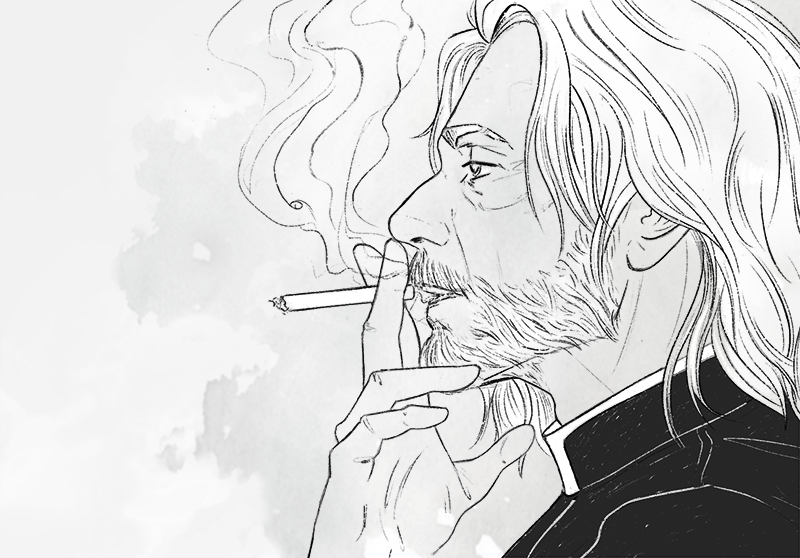 1boy, beard, cassock, cigarette, clerical_collar, facial_hair, from_side, full_beard