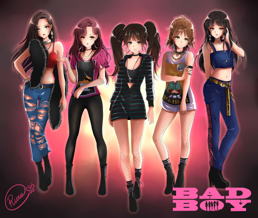 5girls, absurdres, belt, brown_eyes, crop_top, denim, dress, earrings