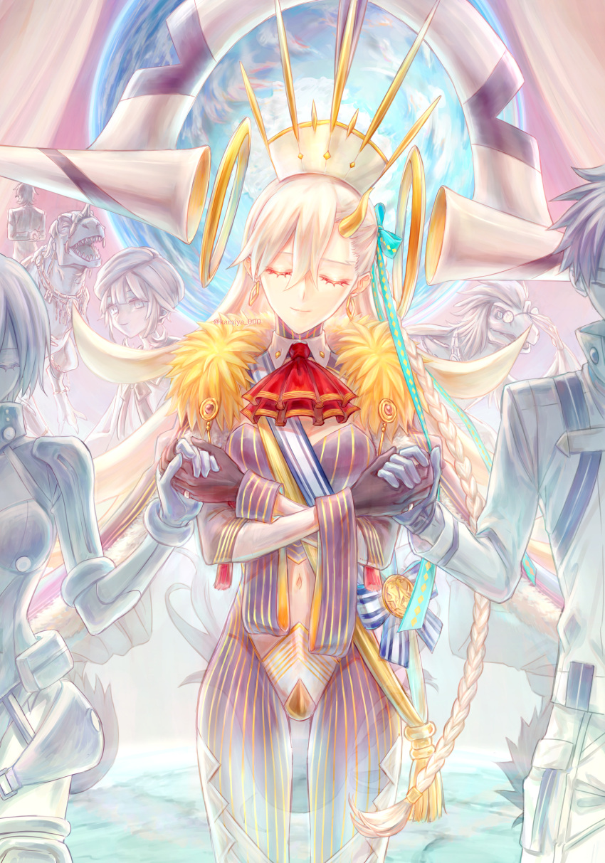 1other, 2girls, 4boys, absurdres, armor, ascot, black_gloves, bodysuit