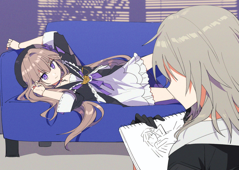 2girls, black_dress, black_hat, black_jacket, brown_hair, buchu14569590, couch, doll_joints, draw_me_like_one_of_your_french_girls_(meme), drawing_(object), dress, eyebrows_hidden_by_hair, faceless, faceless_female, grey_hair, hair_between_eyes, herta_(honkai:_star_rail), holding, holding_sketchbook, honkai:_star_rail, honkai_(series), jacket, jewelry, joints, key, key_necklace, lock, long_hair, looking_at_another, lying, meme, multiple_girls, necklace, on_back, on_couch, shadow, sketchbook, smile, stelle_(honkai:_star_rail), trailblazer_(honkai:_star_rail), violet_eyes, white_dress