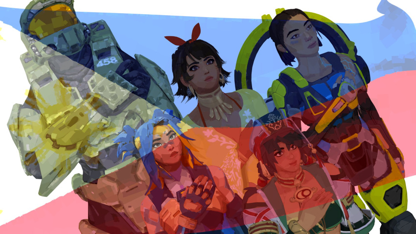 2gbram, 5girls, apex_legends, assault_visor, black_gloves, black_hair, blue_tank_top, brown_eyes