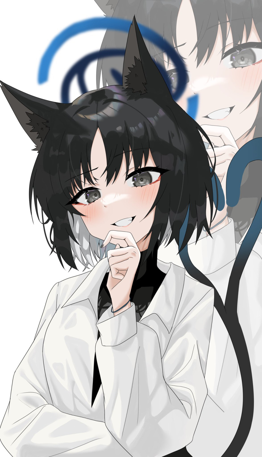 1girl, :d, alternate_costume, animal_ear_fluff, animal_ears, black_shirt, blue_archive, cat_ears