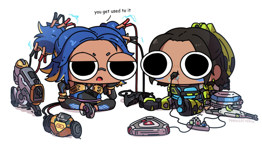 2girls, annoyed, apex_legends, artist_name, black_hair, blonde_hair, blue_hair, cable, cartoonized, chibi, conduit_(apex_legends), country_connection, crossed_legs, crossover, d.o.c._health_drone, dark-skinned_female, dark_skin, english_commentary, freckles, hack_(apex_legends), hair_behind_ear, highres, jumper_cable, lightning_bolt_symbol, miyan_(oceanmaiden), multicolored_hair, multiple_girls, neon_(valorant), non-humanoid_robot, philippines, power_cord, robot, shadow, sitting, streaked_hair, toon_(style), two_side_up, valorant, white_background