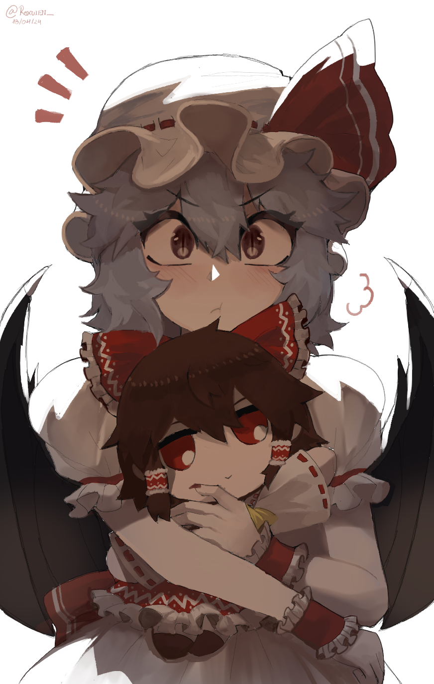 1girl, ascot, bat_wings, blue_hair, blush, bow, brown_hair, closed_mouth, dated, doll, frilled_bow, frilled_hair_tubes, frills, fumo_(doll), hair_bow, hair_tubes, hakurei_reimu, hat, hat_ribbon, highres, hugging_doll, hugging_object, looking_at_viewer, medium_hair, mob_cap, puffy_short_sleeves, puffy_sleeves, red_eyes, remilia_scarlet, ribbon, ribbon-trimmed_sleeves, ribbon_trim, roxuien, short_sleeves, solo, touhou, twitter_username, wings, wrist_cuffs, yellow_ascot