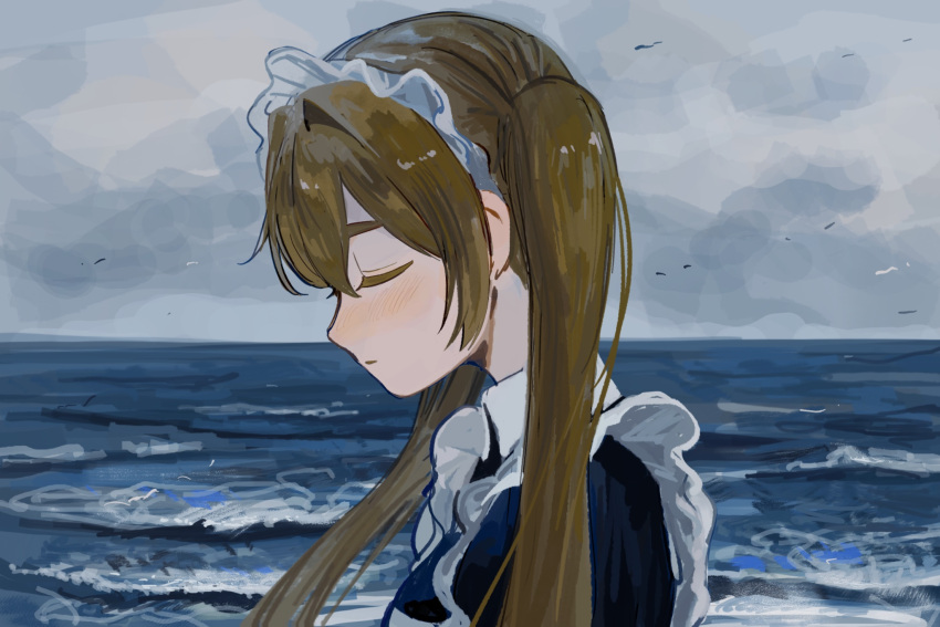 1girl, apron, black_shirt, blonde_hair, blush, closed_eyes, clouds, cloudy_sky
