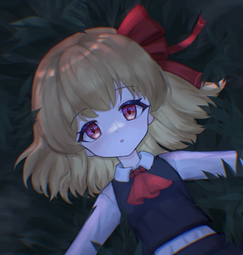 1girl, :o, ascot, black_skirt, black_vest, blonde_hair, collared_shirt, grass