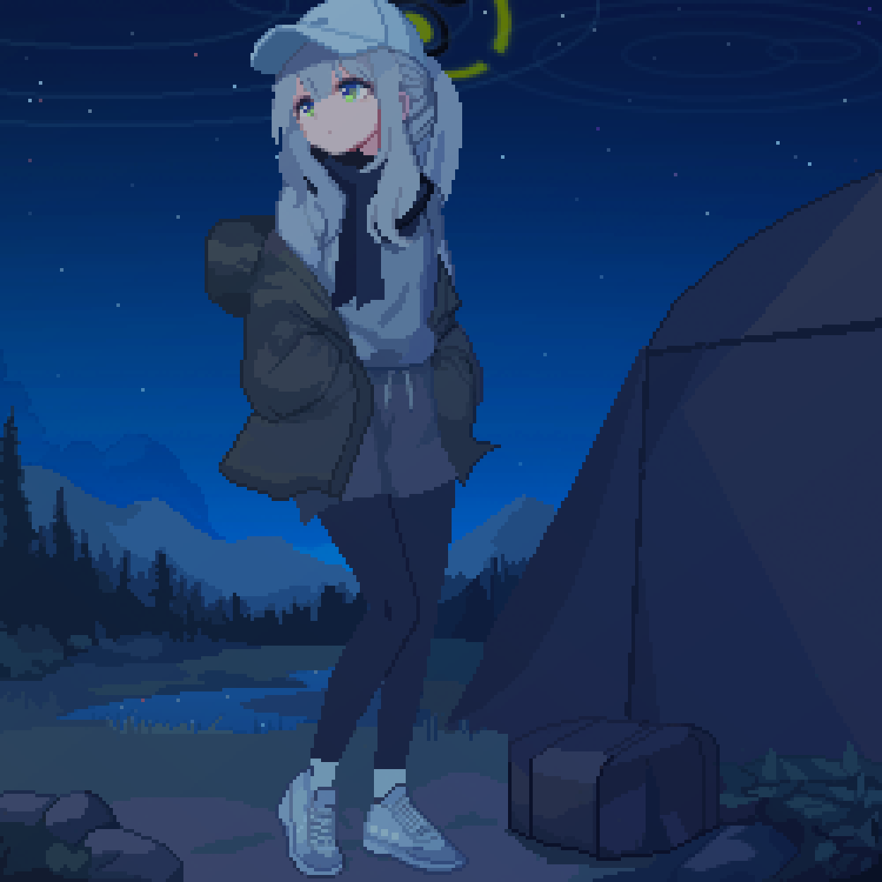 1girl, baseball_cap, black_pantyhose, black_scarf, blue_archive, brown_jacket, camping, drawstring