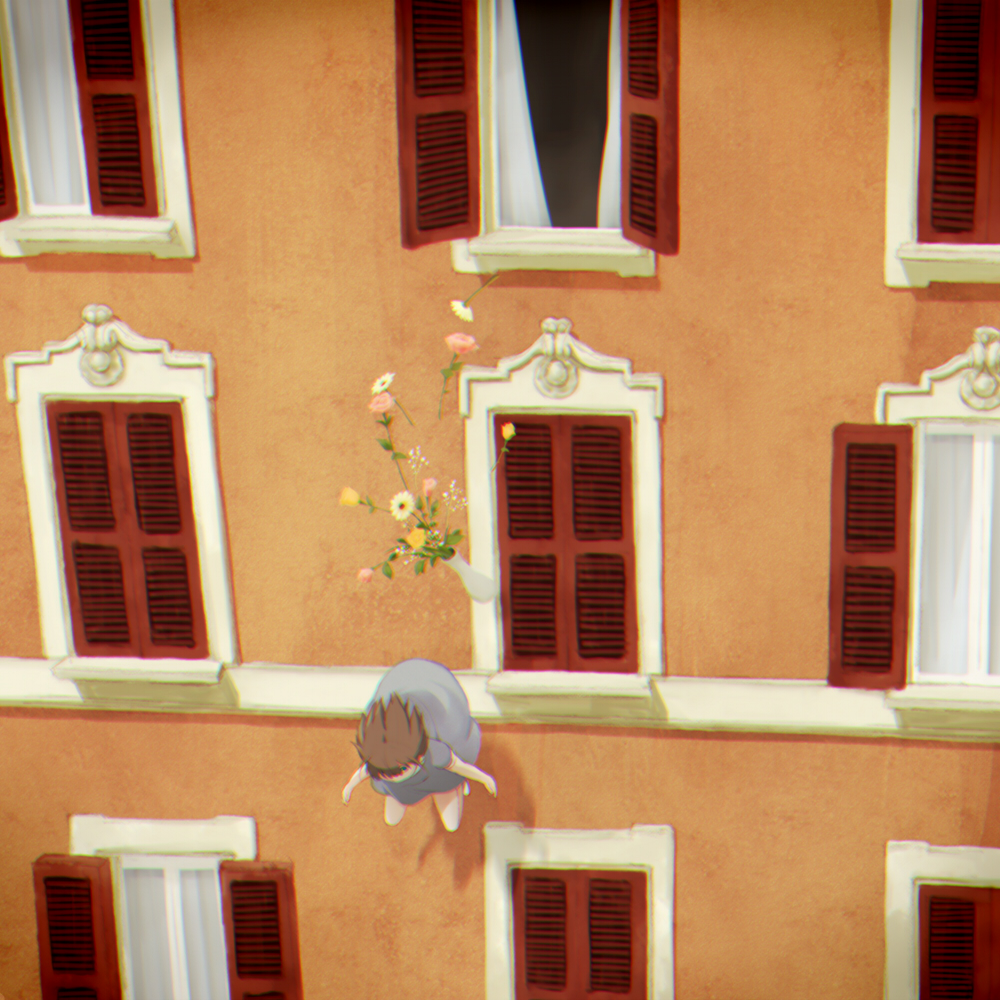 1girl, album_cover, bouquet, brown_hair, building, chromatic_aberration, commentary_request, cover