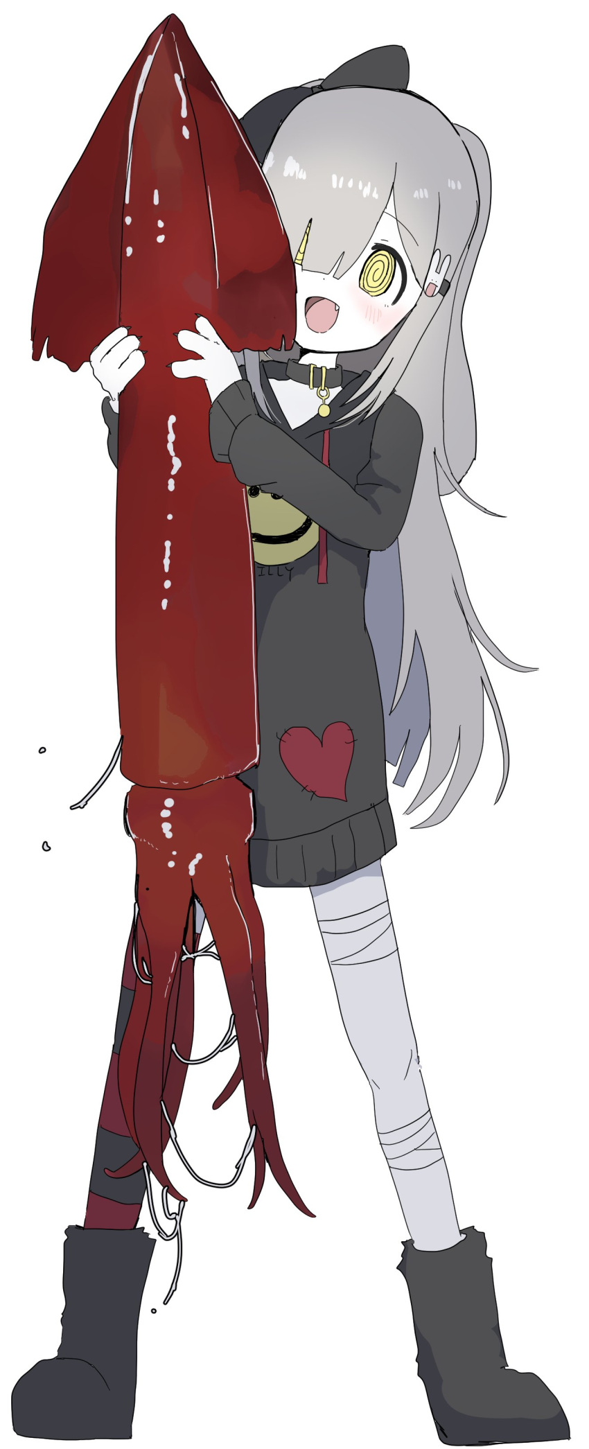 1girl, :d, @_@, absurdres, bandaged_leg, bandages, boots, cephalopod