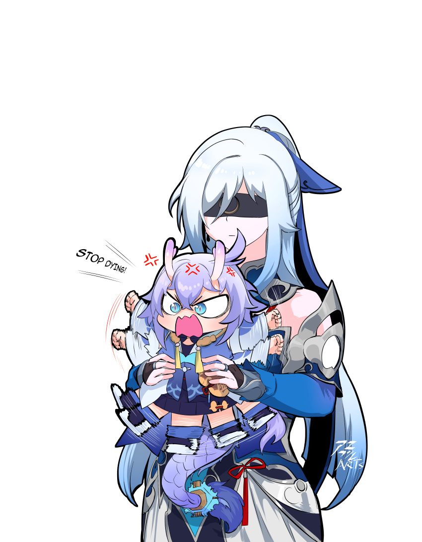 2girls, absurdres, aepuru_arts, anger_vein, angry, antenna_hair, bailu_(honkai:_star_rail), blindfold