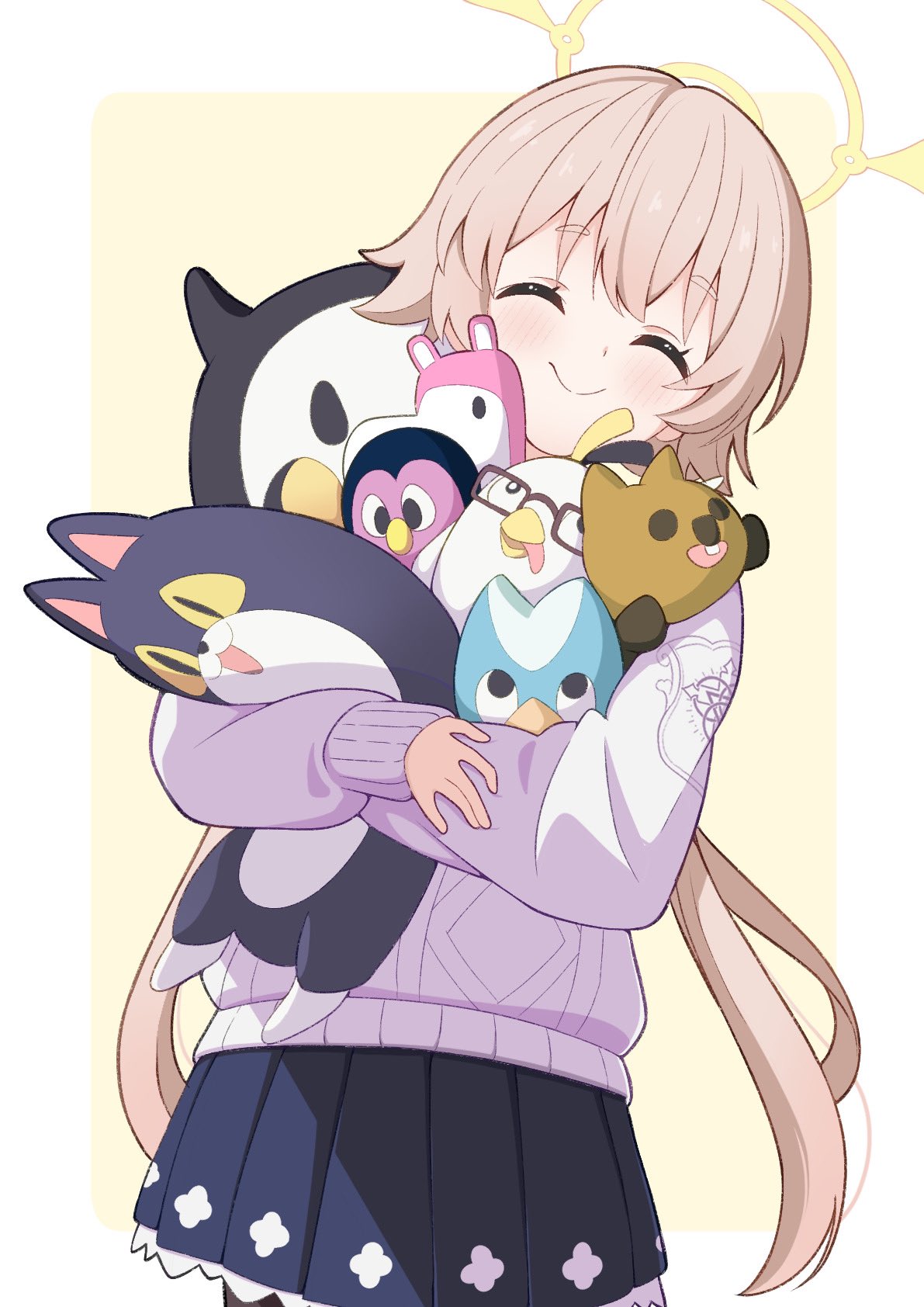 1girl, black_skirt, blue_archive, blush, border, cardigan, closed_eyes, closed_mouth