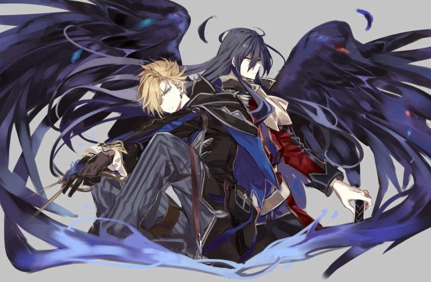 2boys, black_coat, black_gloves, black_hair, blonde_hair, closed_mouth, coat, commentary_request, ernst_(ys), gloves, grey_background, grey_pants, hair_between_eyes, hair_over_one_eye, hawk_(ys), holding, holding_weapon, long_hair, male_focus, multiple_boys, pants, simple_background, tatsumikkk, weapon, wings, ys, ys_ix_monstrum_nox, ys_vi_ark_of_napishtim