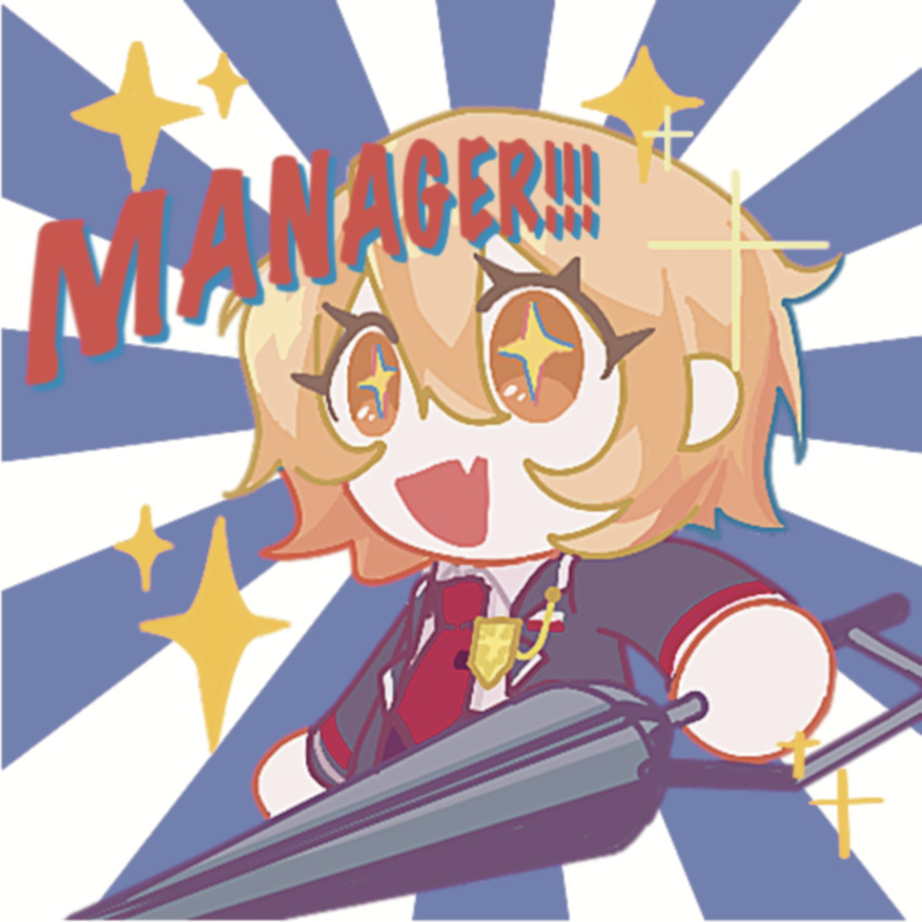 !, !!, +_+, 1girl, black_coat, blonde_hair, bob_cut, chibi, coat, collared_shirt, don_quixote_(project_moon), electricleaf, english_text, hair_between_eyes, highres, holding, holding_polearm, holding_weapon, lance, limbus_company, necktie, polearm, project_moon, red_necktie, shirt, short_hair, solo, sparkle, weapon, white_shirt, yellow_eyes
