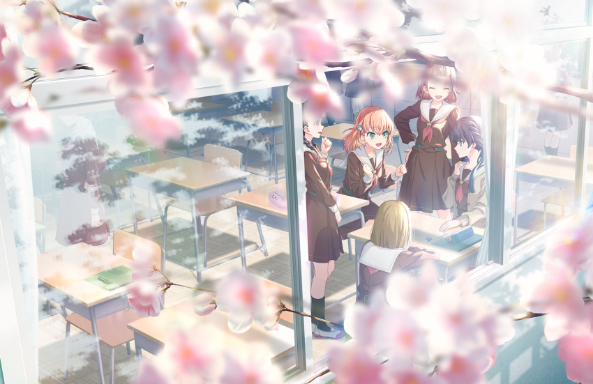 6+girls, :d, ^_^, ankle_socks, aqua_eyes, arms_on_table, bangs_pinned_back, biwako_(love_live!), black_hair, black_socks, blue_eyes, blue_hair, blunt_bangs, blunt_ends, blurry, blurry_foreground, braid, branch, brown_cardigan, brown_dress, brown_hair, cardigan, cherry_blossoms, classroom, clenched_hands, closed_eyes, closed_mouth, crossed_bangs, dark_blue_hair, dress, ena_(love_live!), eraser, eye_contact, from_outside, game_cg, hair_ornament, hand_on_own_hip, hand_on_table, hand_up, hands_up, hasu_no_sora_school_uniform, highres, hinoshita_kaho, link!_like!_love_live!, loafers, long_hair, long_sleeves, looking_at_another, love_live!, low_twintails, medium_dress, medium_hair, mole, mole_on_neck, multiple_girls, murano_sayaka, neckerchief, notebook, official_art, on_chair, open_cardigan, open_clothes, open_mouth, open_window, orange_hair, pencil_case, pleated_dress, rabbit_hair_ornament, red_footwear, red_neckerchief, reflection, sailor_collar, sailor_dress, school_uniform, shiina_(love_live!), shoes, short_hair, sitting, sitting_sideways, smile, socks, squatting, standing, teeth, third-party_source, twintails, two-tone_footwear, two_side_up, upper_teeth_only, virtual_youtuber, white_footwear, white_sailor_collar, wide_shot, window, winter_uniform