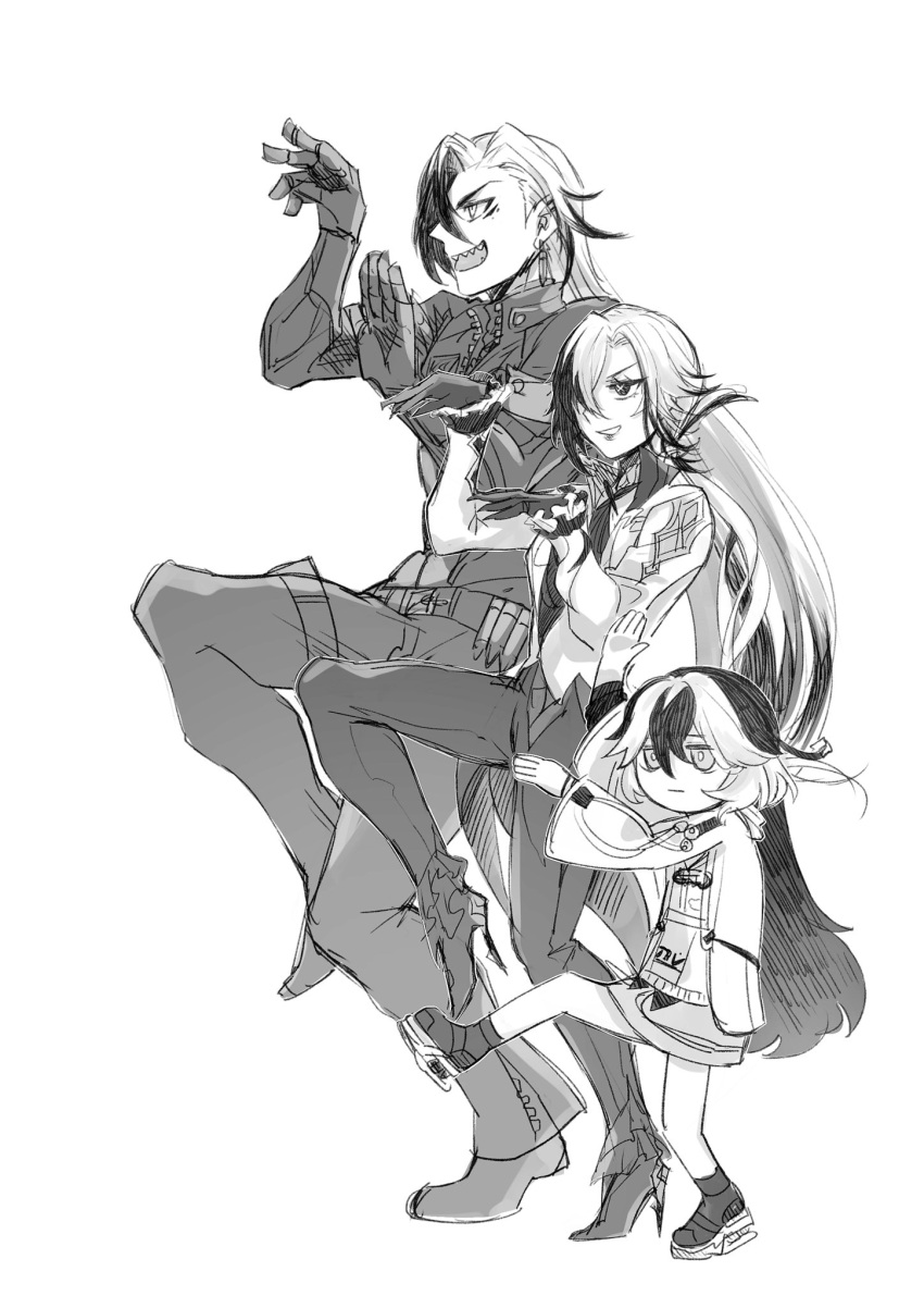 1boy, 2girls, arlecchino_(genshin_impact), boke_aho_nara, boothill_(honkai:_star_rail), closed_mouth, coralie_(honkai_impact), crossover, earrings, expressionless, genshin_impact, greyscale, grin, hair_between_eyes, height_difference, high_heels, highres, honkai:_star_rail, honkai_(series), honkai_impact_3rd, jacket, jewelry, knee_up, leg_up, long_hair, long_sleeves, mihoyo, monochrome, multicolored_hair, multiple_girls, open_mouth, pants, parody, sharp_teeth, shoes, simple_background, skirt, smile, sneakers, standing, standing_on_one_leg, teeth, white_background, wide_sleeves, yotsubato!, yotsubato!_pose