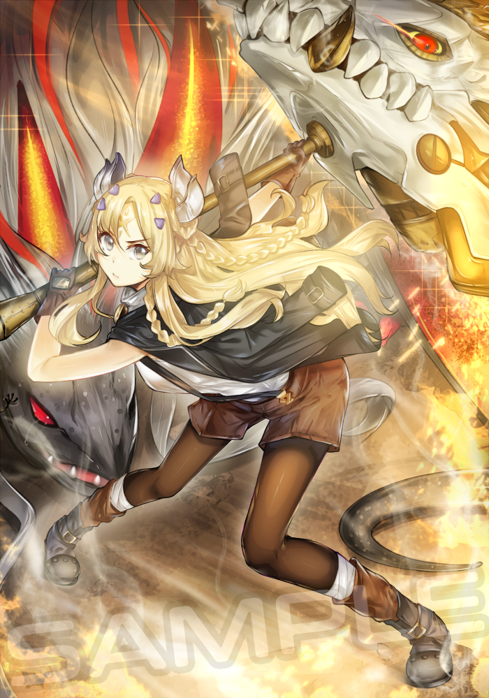 1girl, albaz_(yu-gi-oh!), albion_the_shrouded_dragon, blonde_hair, boots, braid, dragon, dragon_tail