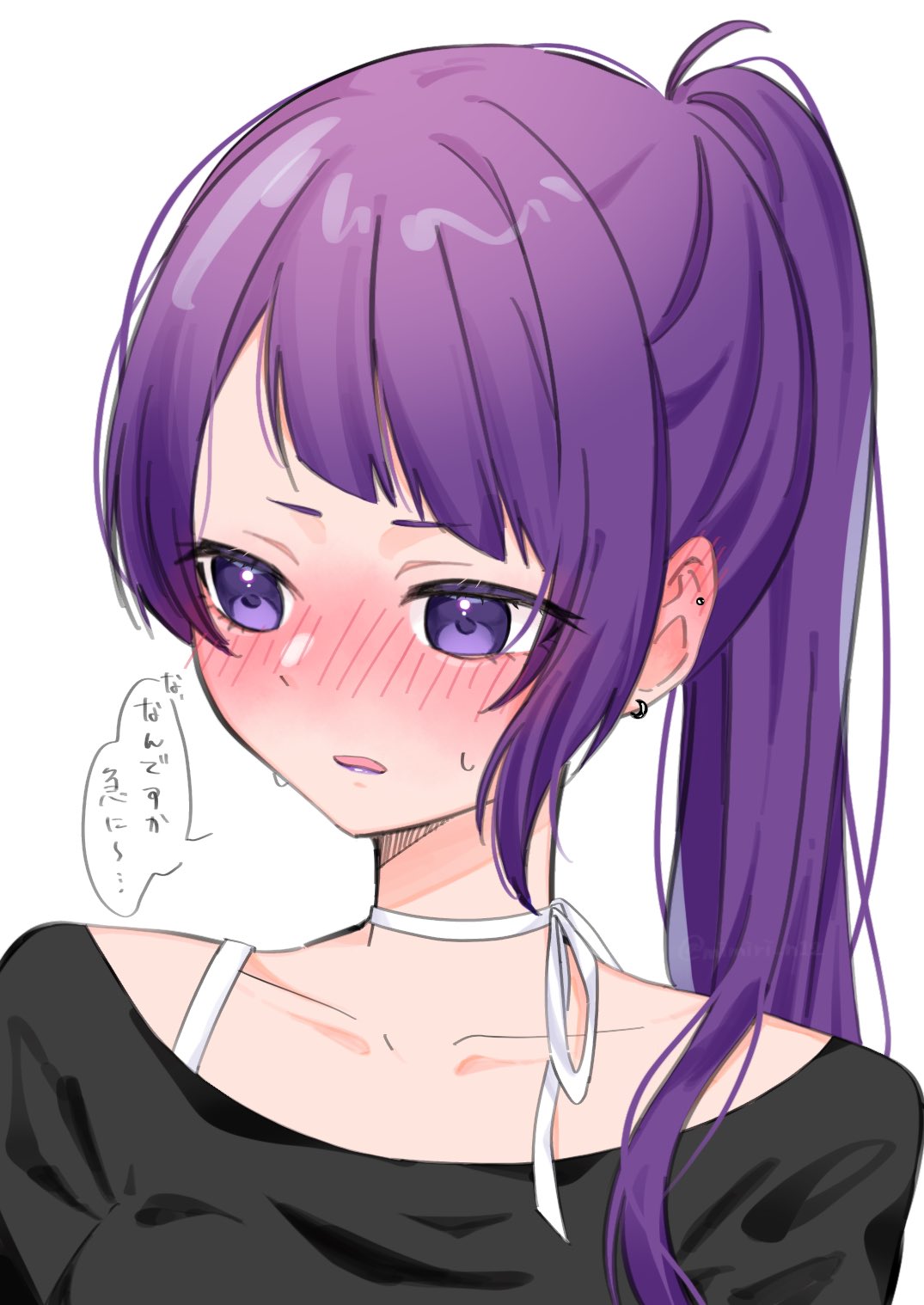 1girl, alternate_hairstyle, averting_eyes, black_footwear, blush, bra_strap, collarbone, ear_blush