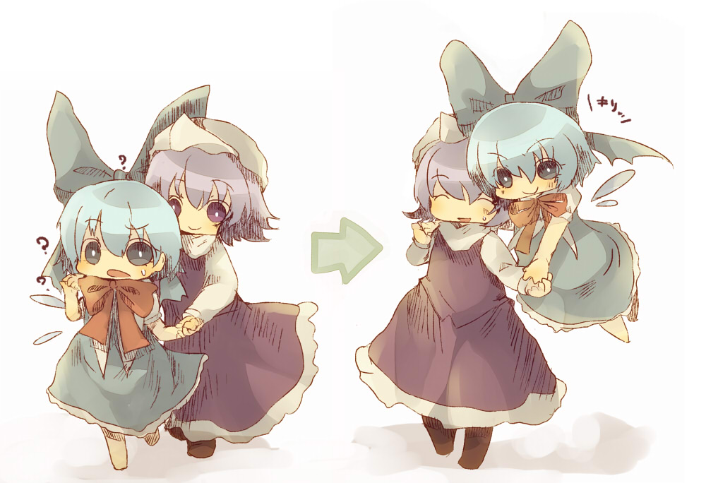 ?, arrow, bad_id, blue_eyes, blue_hair, bow, chibi, cirno