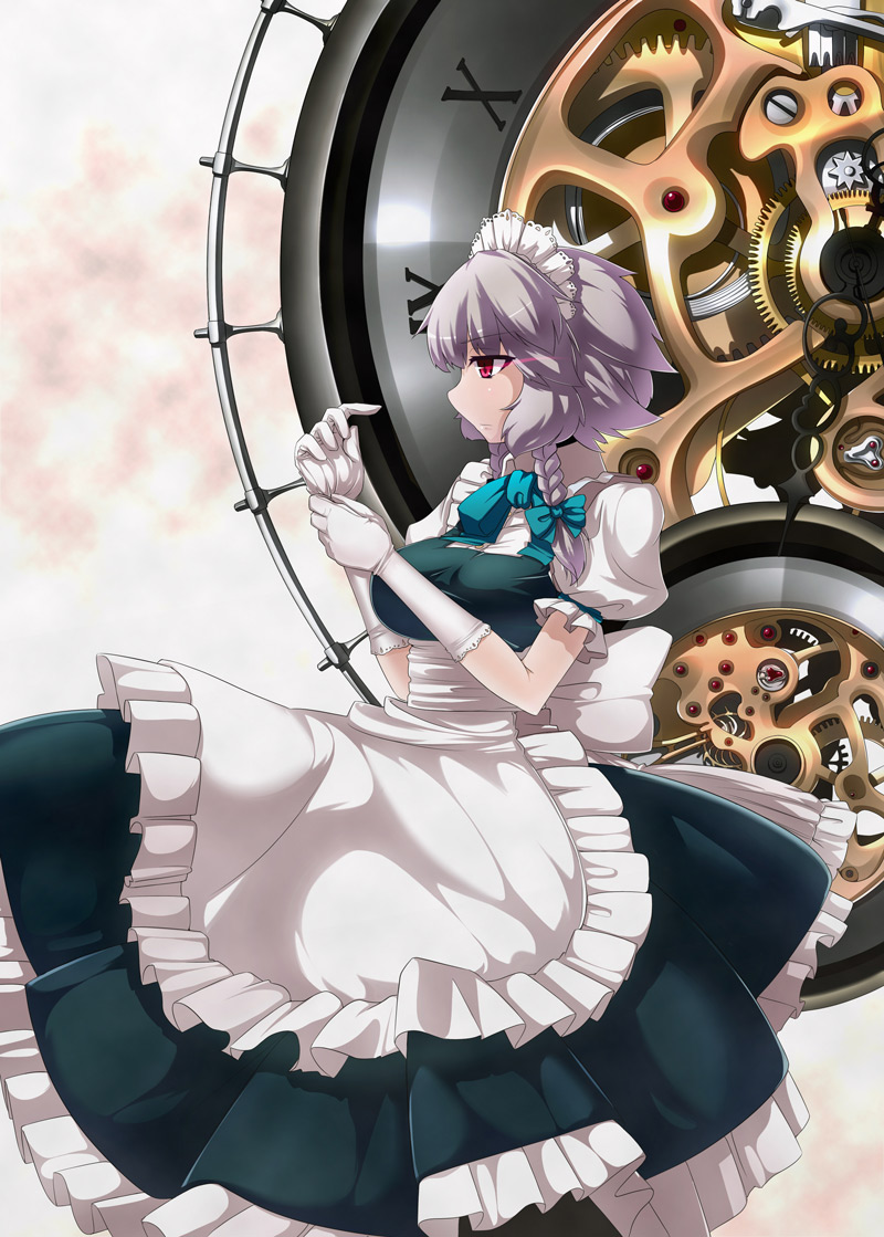 braid, gears, gloves, izayoi_sakuya, maid, maid_headdress, red_eyes, short_hair