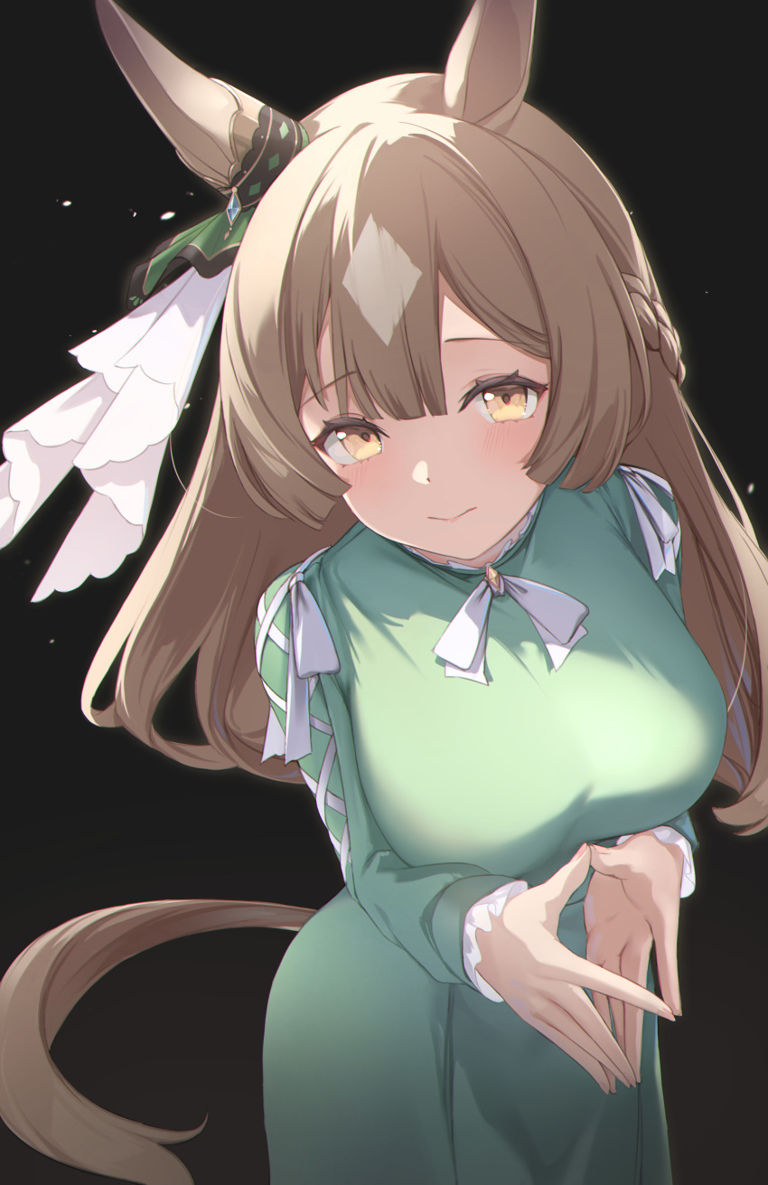 1girl, absurdres, animal_ears, black_background, blush, braid, breasts, brown_hair