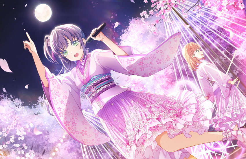2girls, :d, aqua_eyes, cherry_blossoms, cross-laced_footwear, dutch_angle, falling_petals, floral_print_kimono