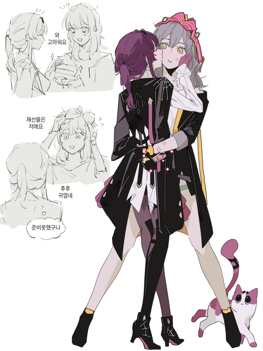 2girls, animalization, arms_around_waist, black_coat, black_footwear, black_gloves, black_jacket, bow
