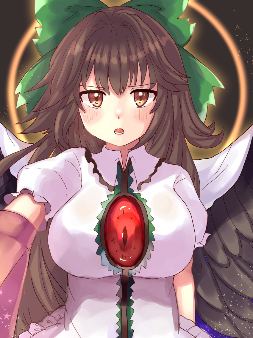 1girl, absurdres, arm_cannon, black_wings, blush, bow, breasts, brown_eyes