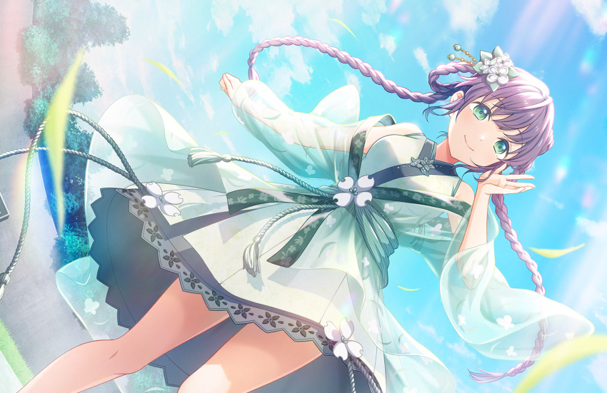 1girl, animal_print, blue_sky, blurry, blurry_foreground, braided_hair_rings, butterfly_print, closed_mouth, concrete, dress, dutch_angle, feet_out_of_frame, flower, game_cg, green_eyes, green_kimono, hair_flower, hair_ornament, hand_up, highres, japanese_clothes, kimono, kimono_dress, kunpuu_no_shirabe_(love_live!), lens_flare, link!_like!_love_live!, long_braid, long_hair, long_sleeves, looking_at_viewer, love_live!, official_art, otomune_kozue, outstretched_arm, purple_hair, see-through, single_hair_ring, sky, sleeveless, sleeveless_dress, smile, solo, third-party_source, tree, very_long_hair, virtual_youtuber, white_flower