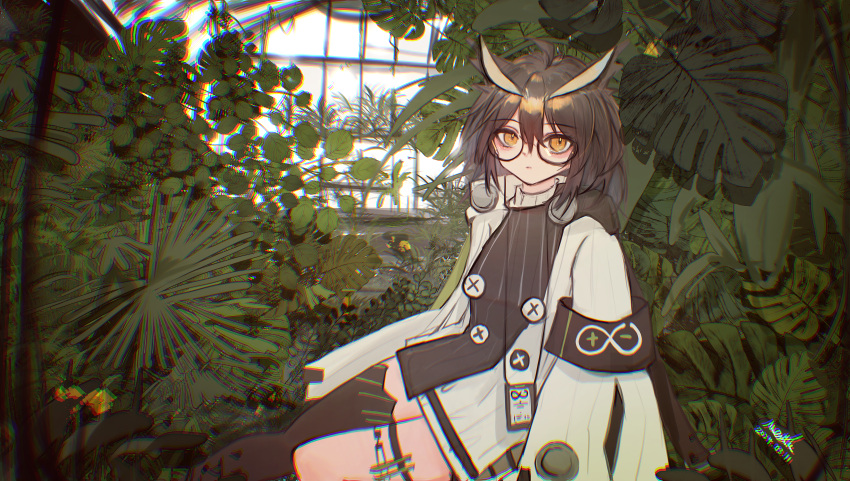 1girl, absurdres, arknights, black_thighhighs, brown_hair, chinese_commentary, coat, commentary_request, feather_hair, glasses, greenhouse, highres, id_card, indoors, long_hair, long_sleeves, looking_at_viewer, menthe, orange_eyes, owl_ears, owl_girl, plant, rhine_lab_logo, semi-rimless_eyewear, silence_(arknights), single_thighhigh, solo, thigh-highs, thigh_strap, under-rim_eyewear, white_coat
