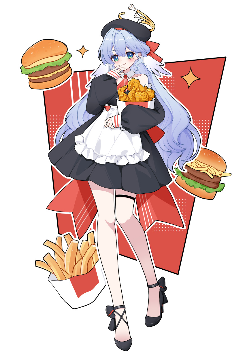 1girl, absurdres, apron, beret, black_dress, black_footwear, blue_hair, bow