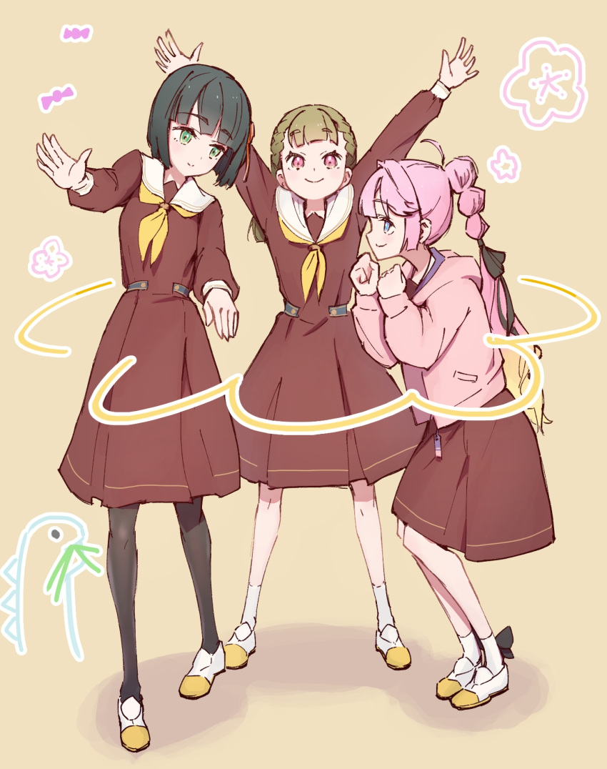 3girls, anyoji_hime, black_hair, black_pantyhose, blue_eyes, bob_cut, brown_dress, brown_hair