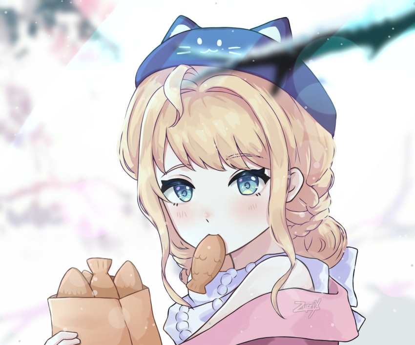 1girl, animal_hat, aqua_eyes, blonde_hair, blush, braid, cat_hat, food, food_in_mouth, hat, highres, holding, holding_food, lens_flare, looking_at_viewer, medium_hair, millie_parfait, millie_parfait_(3rd_costume), nijisanji, nijisanji_en, nose_blush, off_shoulder, signature, solo, taiyaki, virtual_youtuber, wagashi, zufrix2
