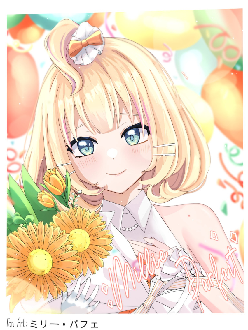 1girl, ahoge, aqua_eyes, balloon, bare_shoulders, blonde_hair, blush, bouquet, character_name, confetti, hair_ornament, hairclip, hand_on_own_chest, highres, looking_at_viewer, medium_hair, millie_parfait, nijisanji, nijisanji_en, smile, solo, virtual_youtuber, zufrix2
