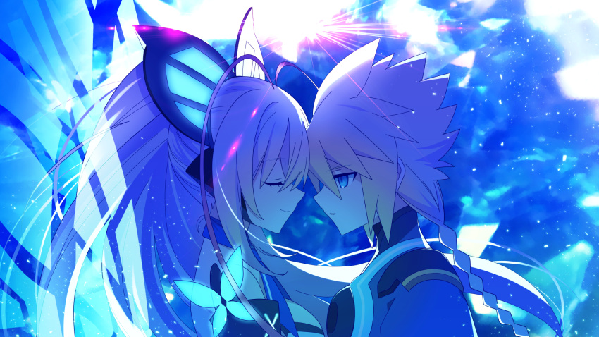 1boy, 1girl, antenna_hair, azure_striker_gunvolt, bare_shoulders, black_sleeves, blonde_hair, blue_eyes