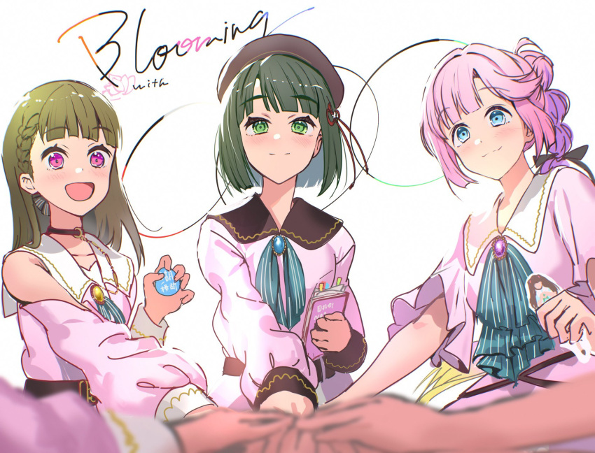 6+girls, :3, :d, acrylic_stand, anyoji_hime, ascot, badge, black_choker