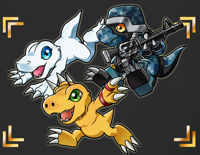 agumon_(digimon_savers), blue_eyes, blue_skin, brown_eyes, colored_skin, commandramon, digimon, digimon_(creature), fewer_digits, green_eyes, grey_background, gun, helmet, holding, holding_gun, holding_weapon, machine_gun, orange_skin, outstretched_arms, sharp_teeth, shiki_digi, spread_arms, teeth, trait_connection, weapon, white_skin, yukiagumon