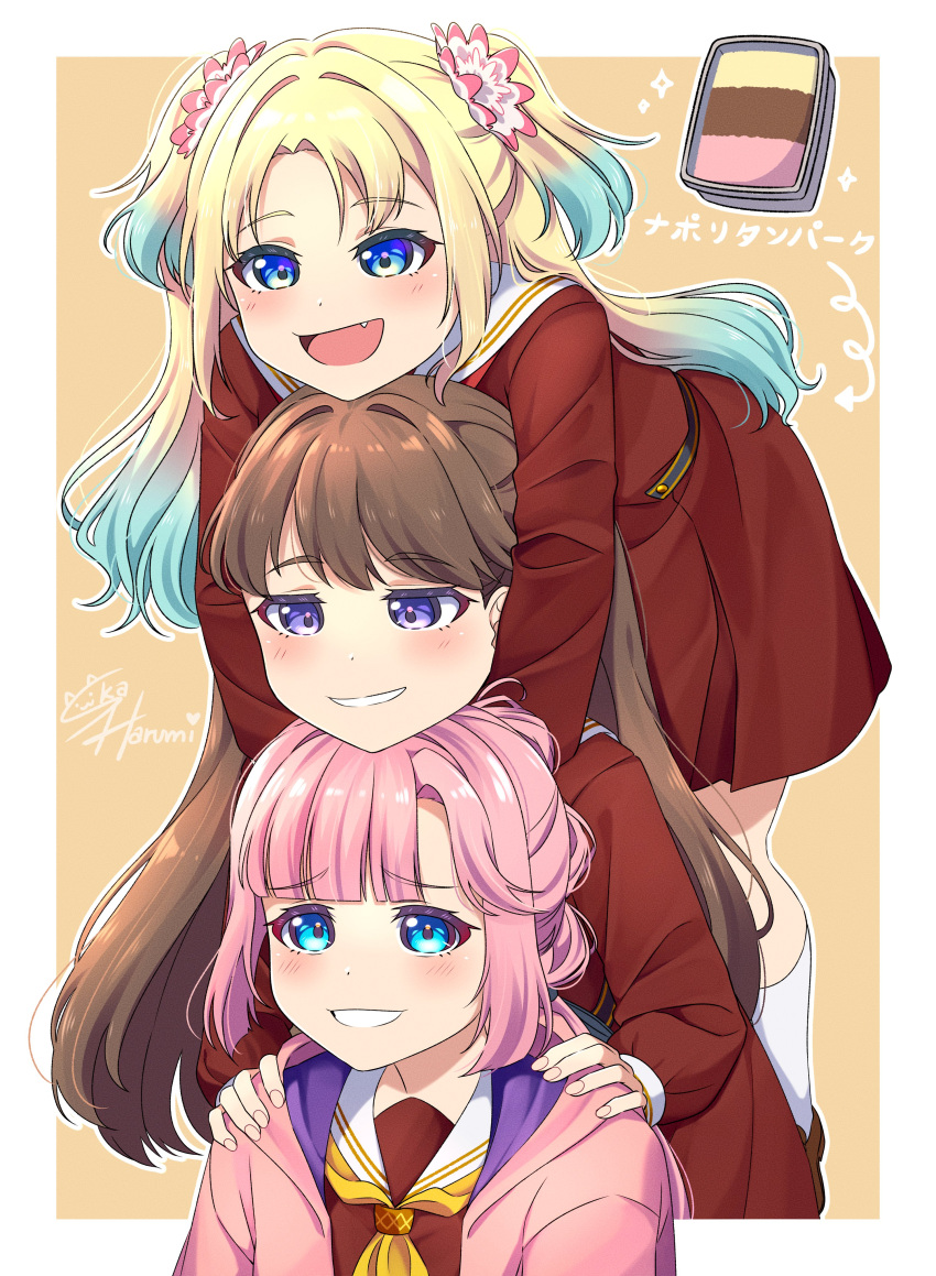 3girls, :d, absurdres, ankle_socks, anyoji_hime, arrow_(symbol), artist_name, bent_over