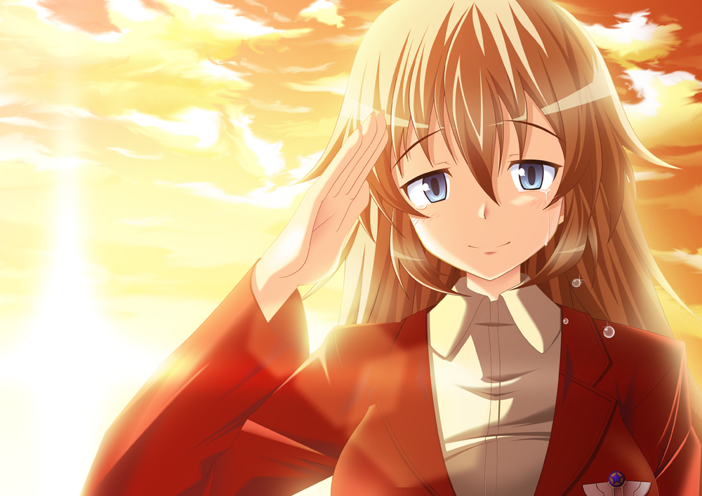 brown_hair, charlotte_e_yeager, cloud, clouds, military, military_uniform, salute, smile, strike_witches, sunset, tears, uniform, yukimura1130