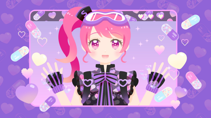 1girl, :d, black_gloves, cropped_torso, fingerless_gloves, gloves, goggles, goggles_on_head