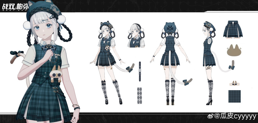 absurdres, animal_ear_headwear, anklet, argyle_clothes, argyle_legwear, azukisan, bambinata_(punishing:_gray_raven), beret