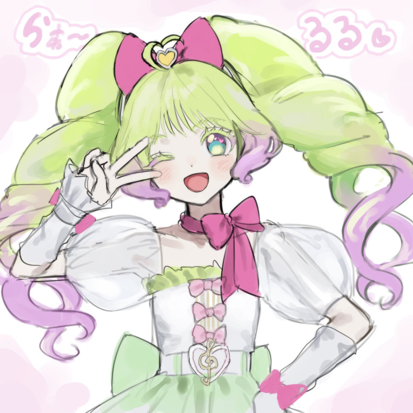 1girl, ;d, blue_eyes, bow, commentary_request, gradient_hair, green_hair, hair_bow